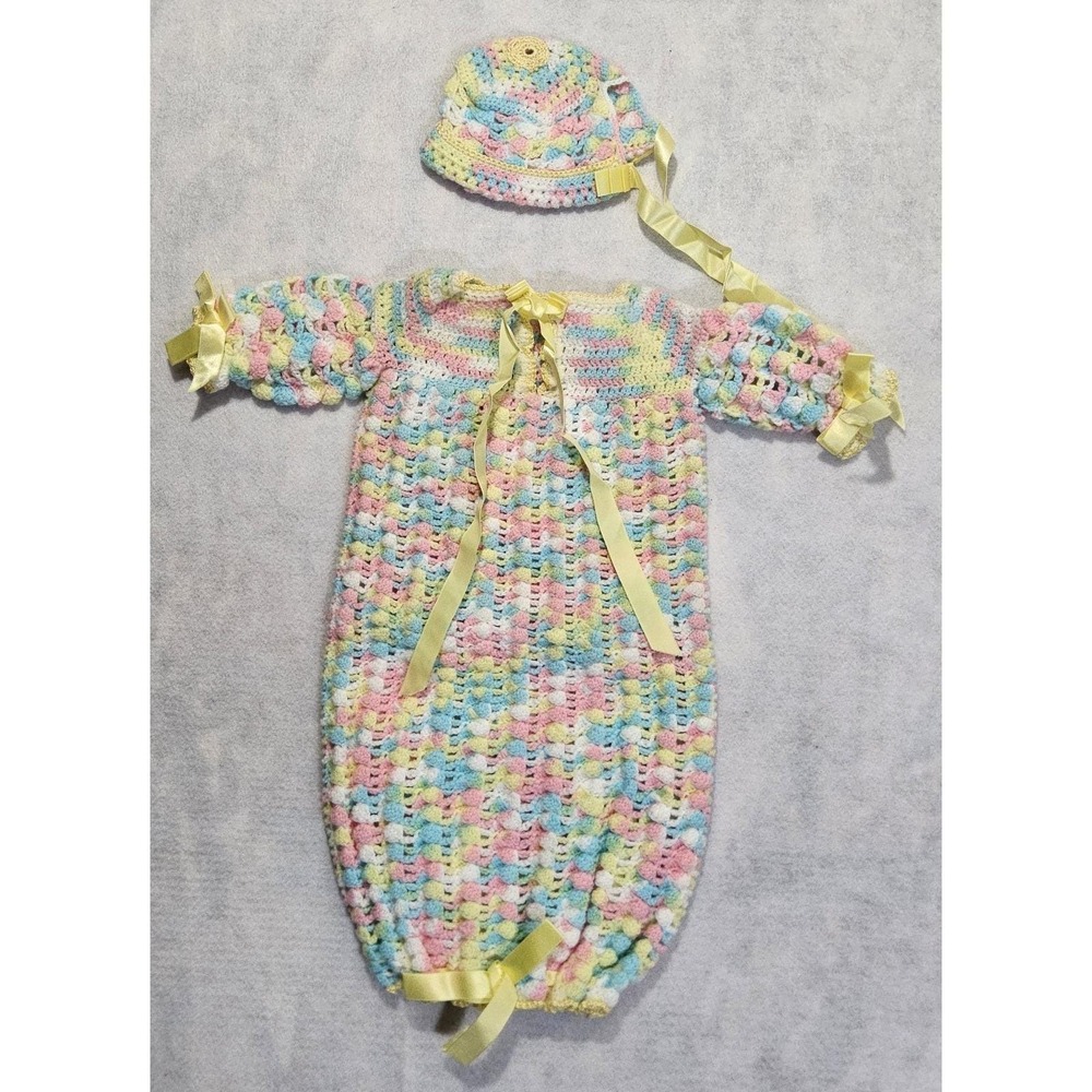 Vtg Crocheted Baby Girl Gown 3-0 MO Set Hat Handmade Yellow Pink Top‎ NEW Dress